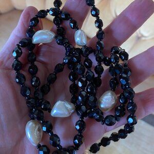 Black crystals and baroque pearls, 20" long necklace
